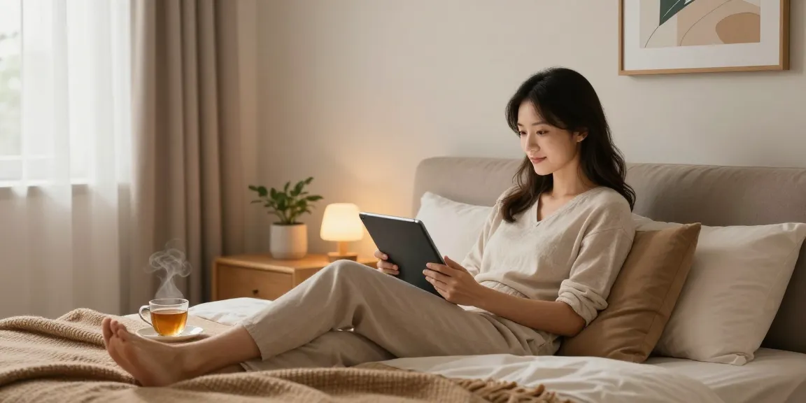 Người phụ nữ đang thư giãn trong phòng ngủ với nội thất mềm mại, tìm kiếm thông tin về gái gọi.