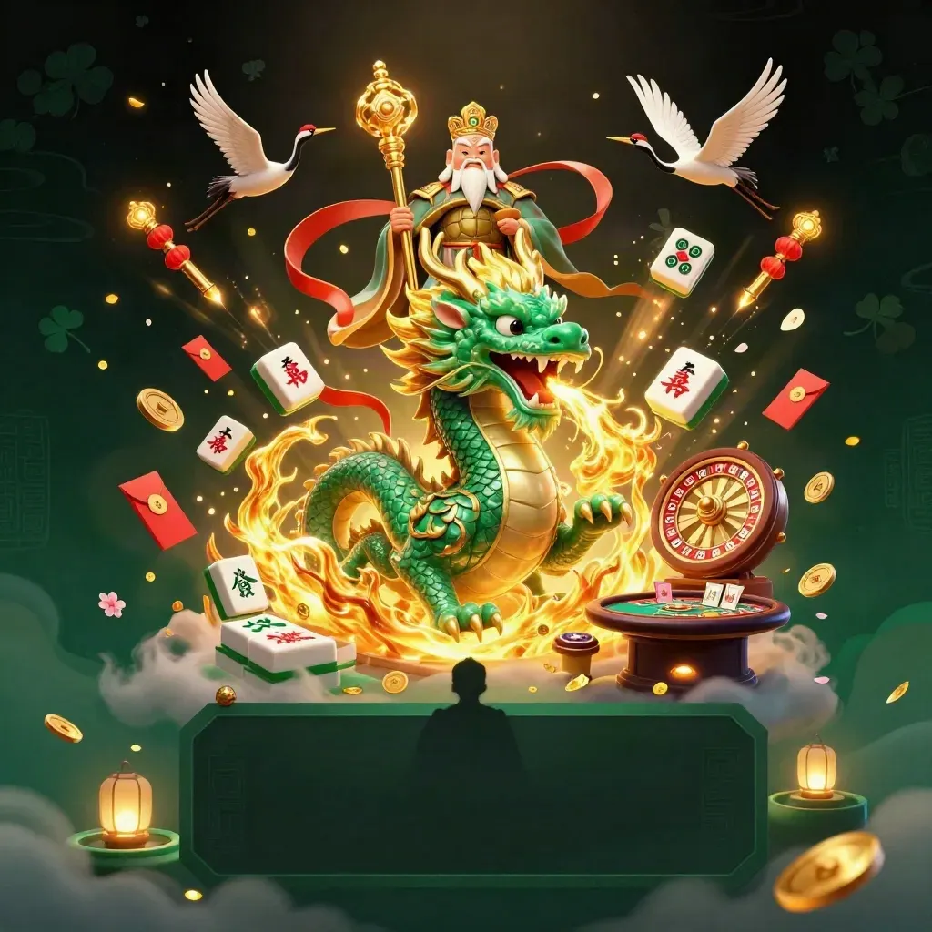 Emerald dragon, turtle sage, and cranes amid casino treasures in a luxe neon scene.
