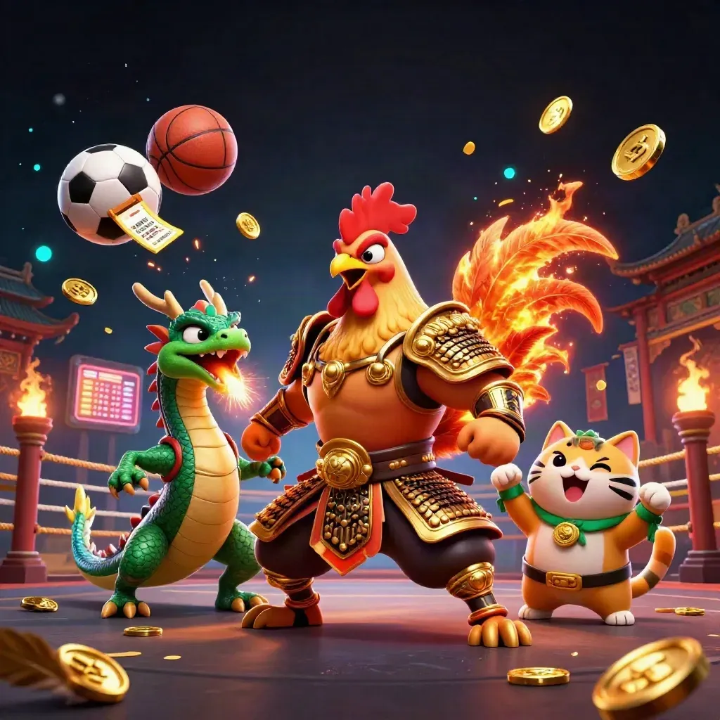 Rooster warrior, dragon hatchling and fortune cat amid sports balls, coins and sparks.