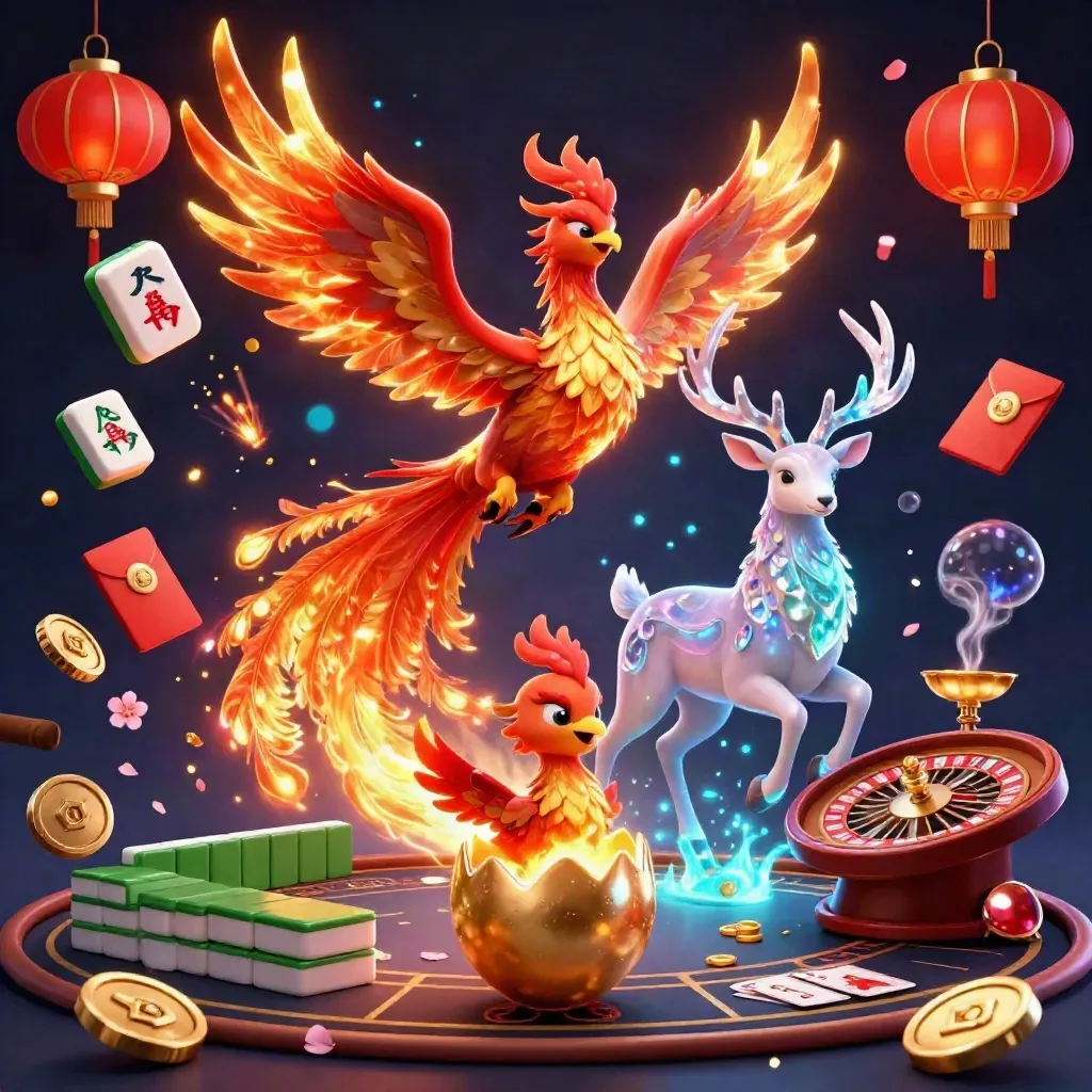 Phoenixes and a crystal stag in a neon casino fantasy with floating mahjong, gold glow, and magic light.