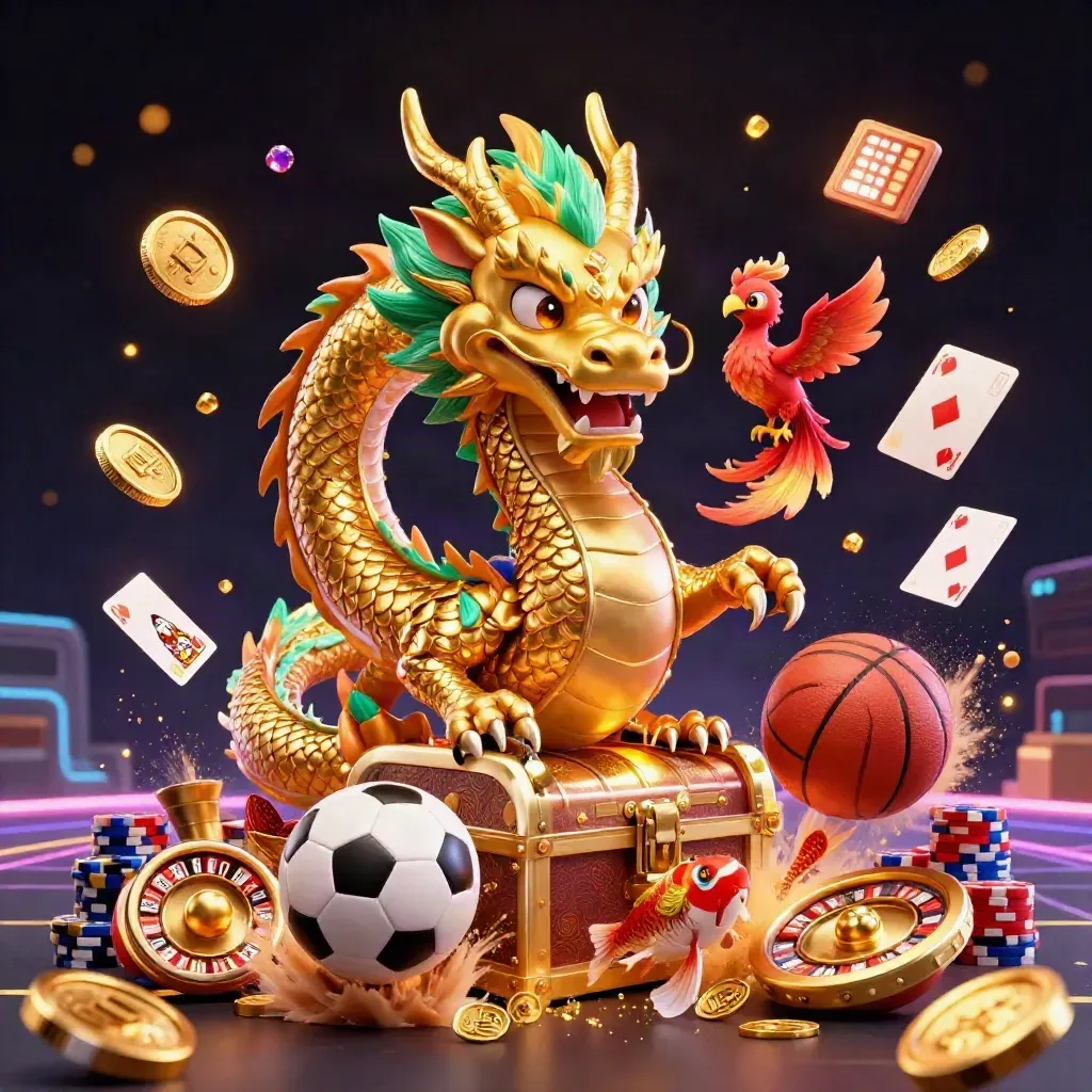Golden dragon and phoenix over casino sports chaos with soccer ball, basketball, coins, roulette