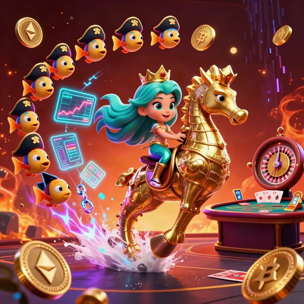 Mermaid princess on a golden seahorse amid neon coins, casino cards, and electric streaks.