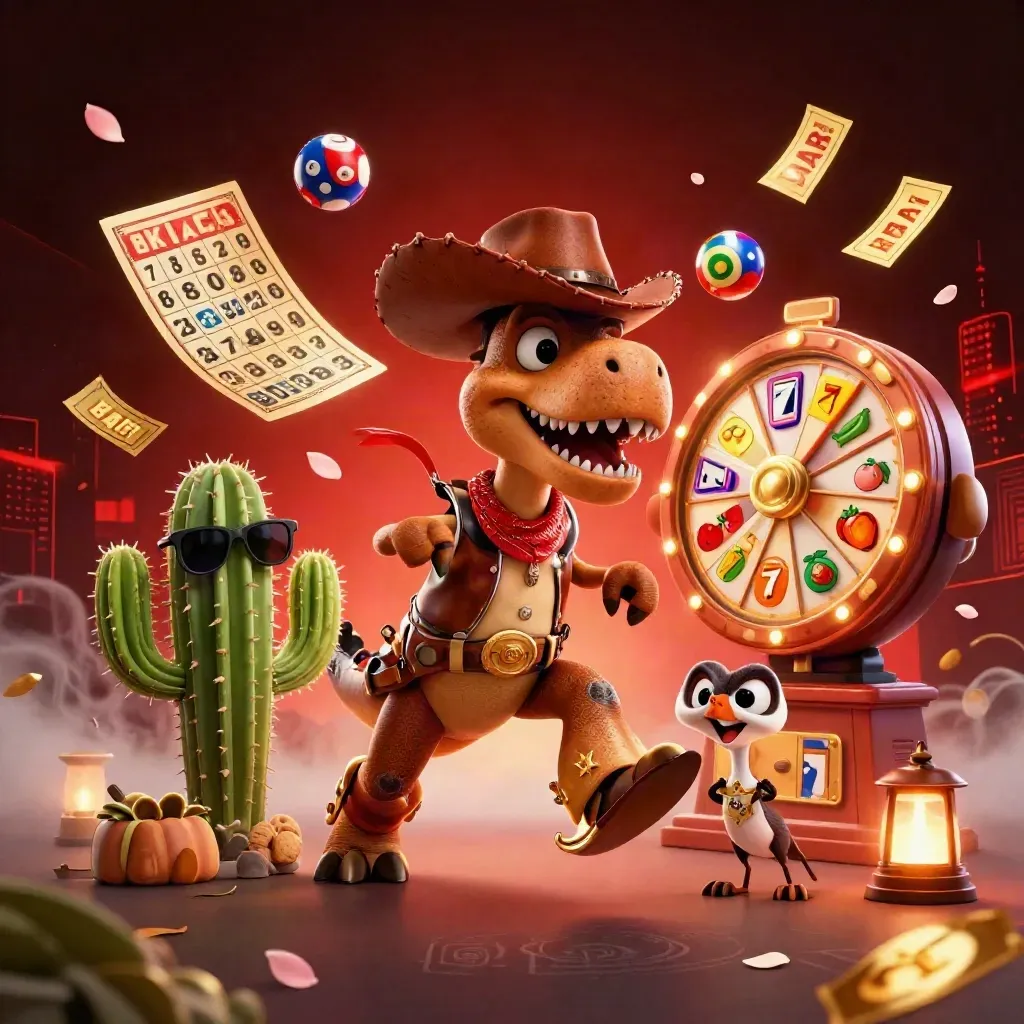 Cowboy T-Rex, cactus and sheriff roadrunner amid casino bursts, neon crimson glow.