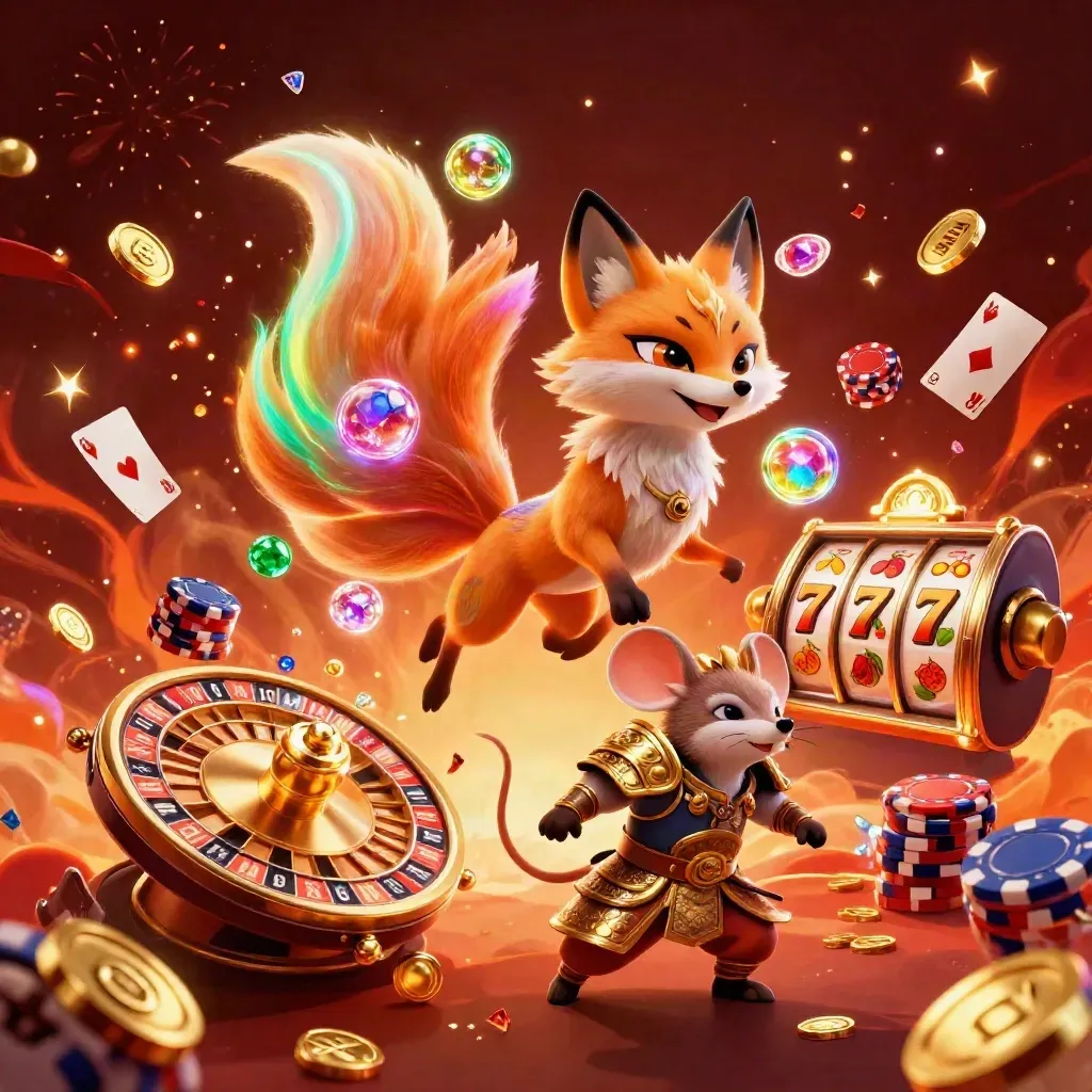 Nine-tailed fox spirit and samurai mouse amid casino coins, cards, chips, and glowing magic.