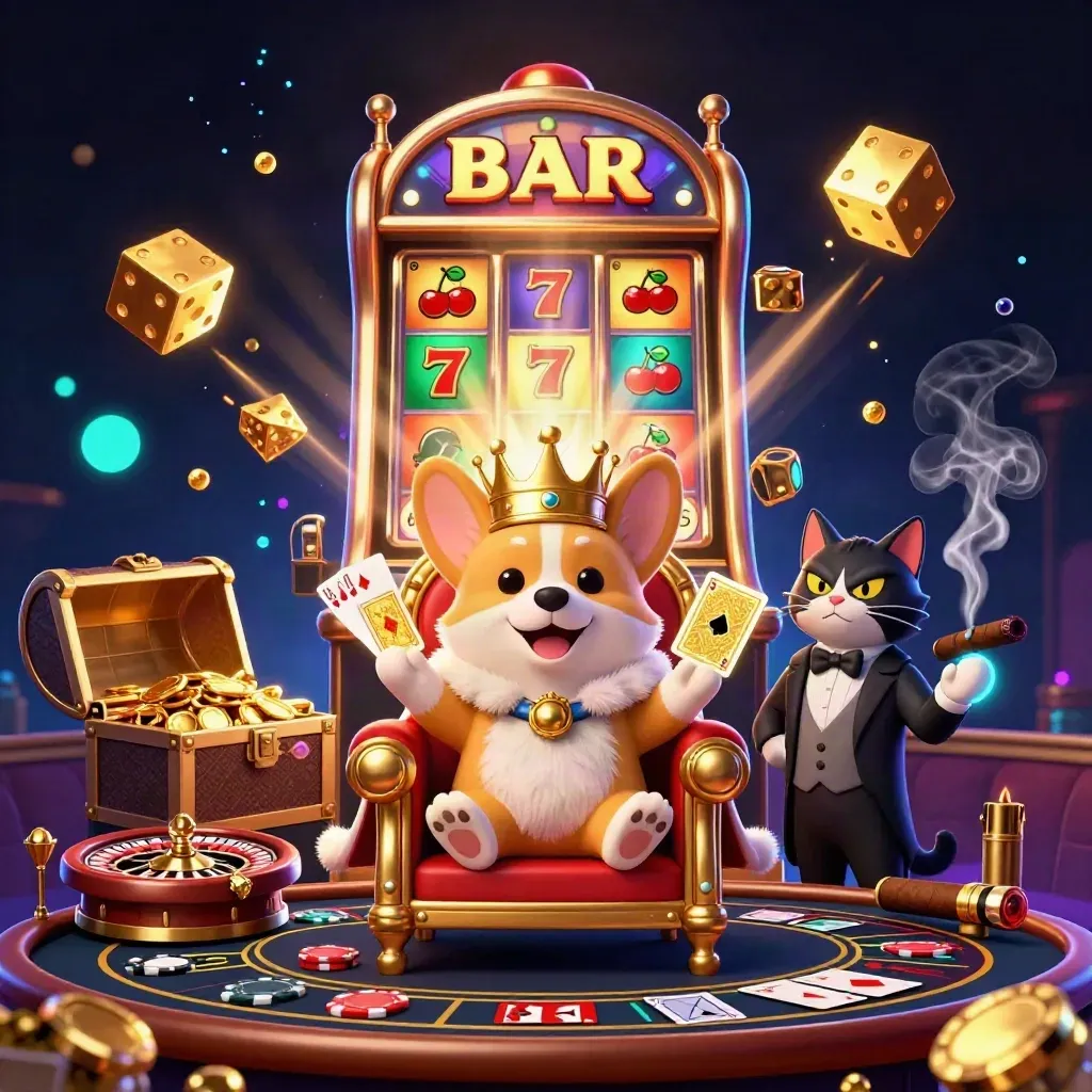 Royal corgi and cat butler amid casino magic, slot burst, dice, treasure, neon luxe glow.