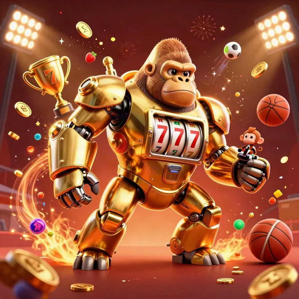 Golden gorilla slot mech with monkey pilot, sports balls, coins and fireworks exploding in crimson glow