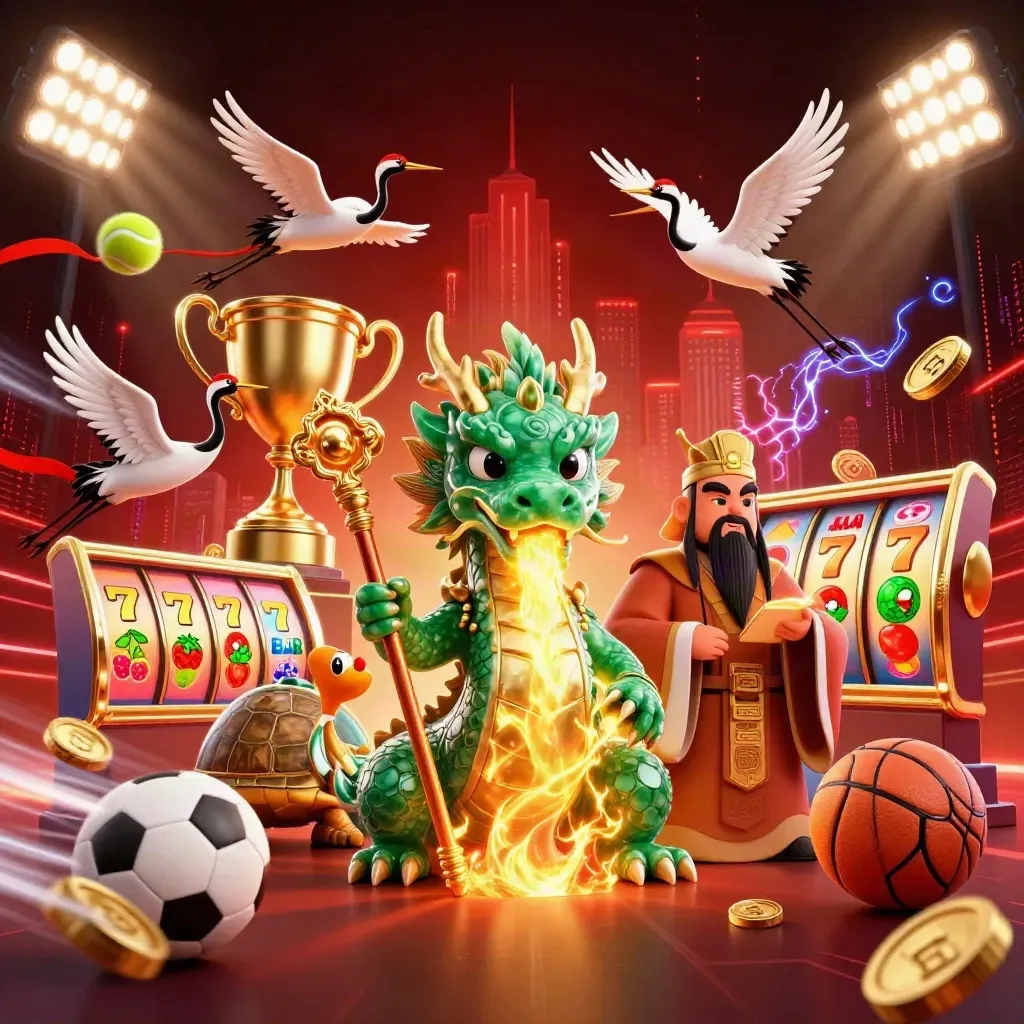 Emerald dragon, turtle sage, and cranes amid casino sparks and gold coins.