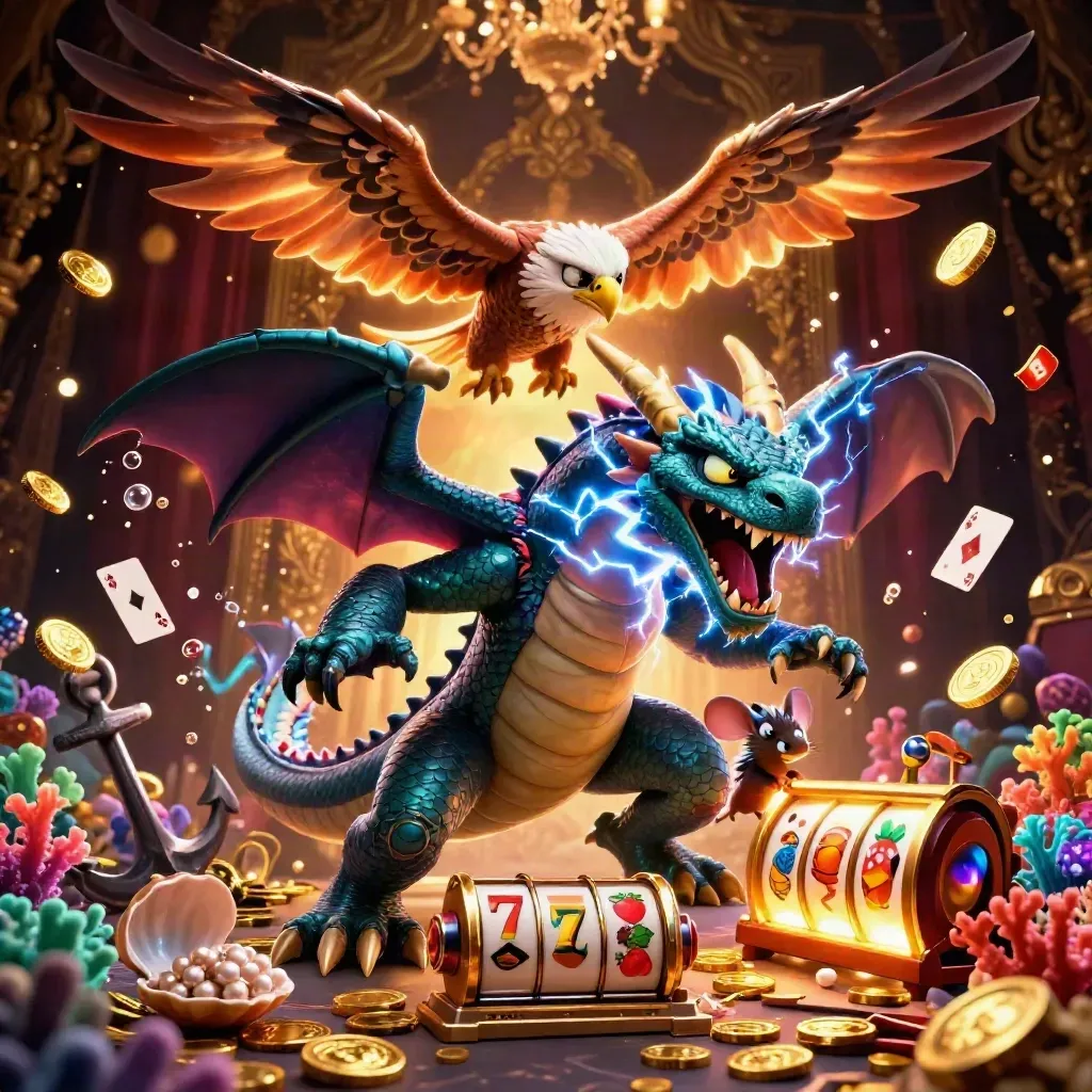 Thunder dragon, wind hawk, and static mouse amid casino treasure and glowing reels.