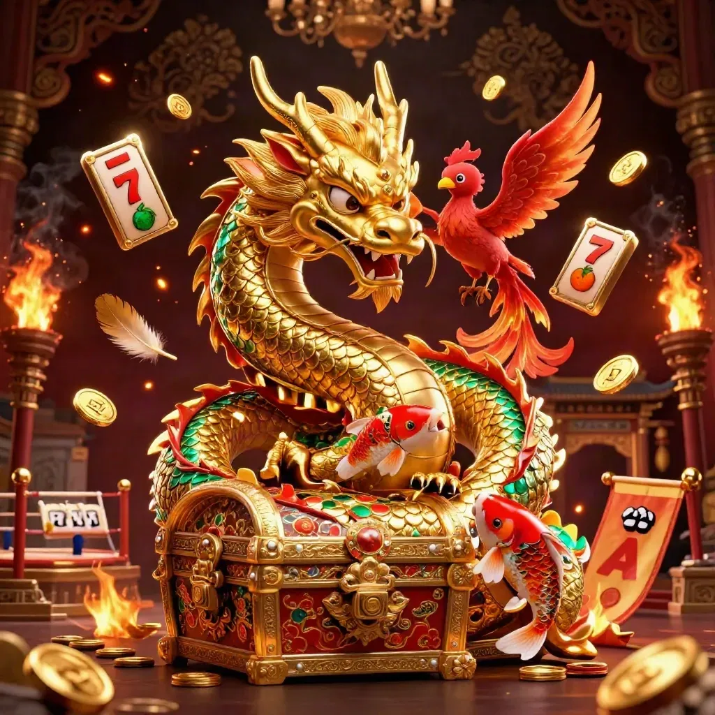 Golden dragon with phoenix and koi amid casino treasure, reels, coins, and ember glow.